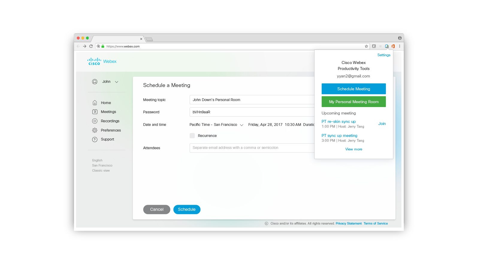 Schedule a Webex meeting from calendar intergation tools