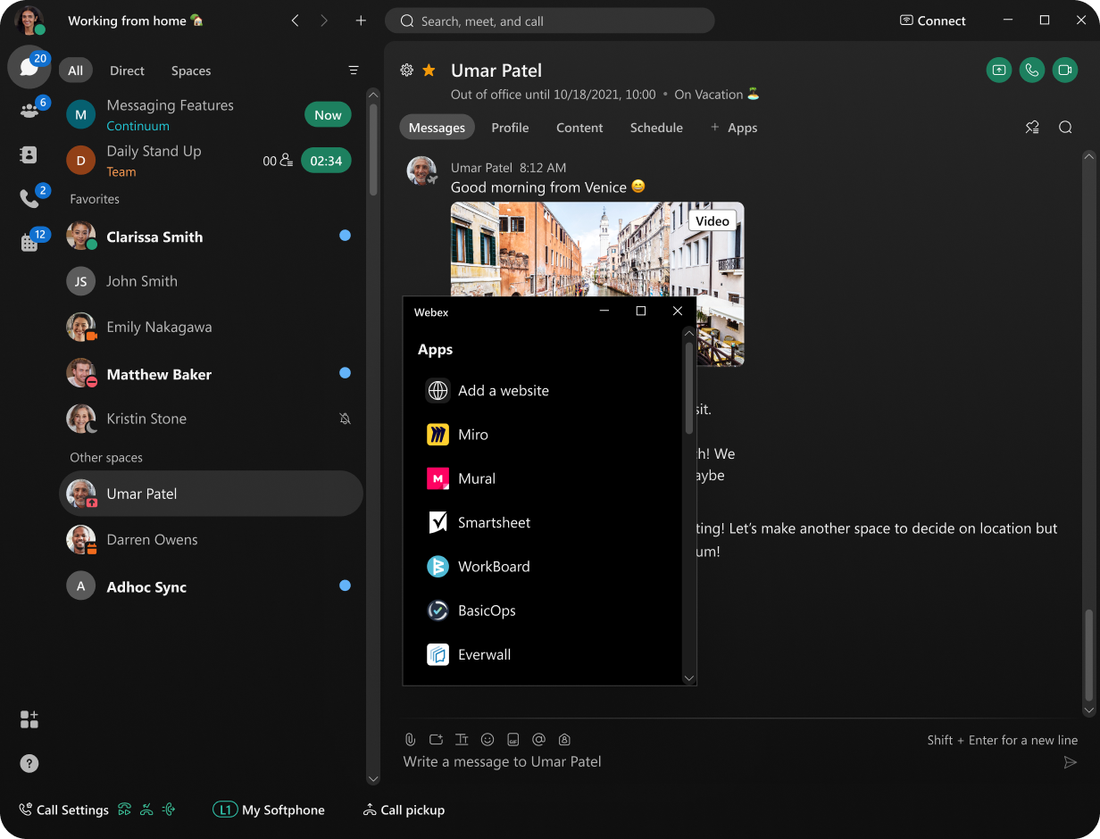 A screen showing the Webex messaging interface and the apps menu.