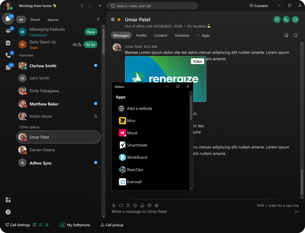 A screen showing the Webex messaging interface and the apps menu.