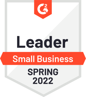 White badge with orange details, honoring Webex's Spring 2022 Leader recognition from G2 in the Small Business category.