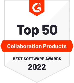 White badge with orange details, recognizing Webex's 2022 Top 50 Collaboration Products honor from G2's Best Software Awards.