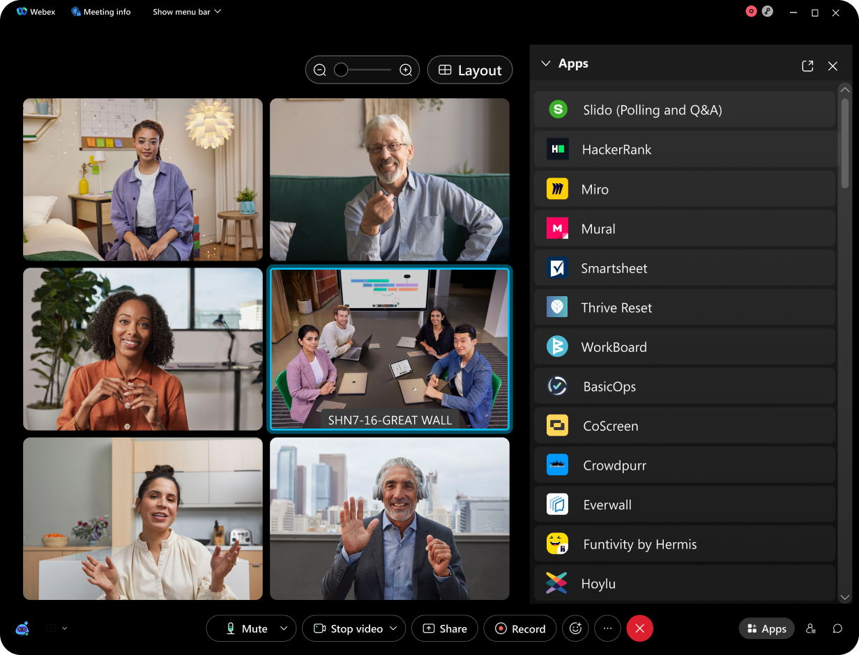 A tablet showing six colleagues video conferencing and the Webex interface with several apps displayed in the right-hand menu.