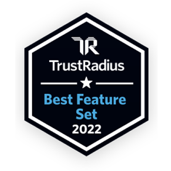 검은색의 육각형 TrustRadius 배지, 2022년 Webex의 Best Feature Set recognition에 대한 수여.