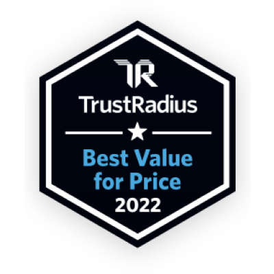 검은색의 육각형 TrustRadius 배지, 2022년 Webex의 Best Value for Price recognition에 대한 수여.