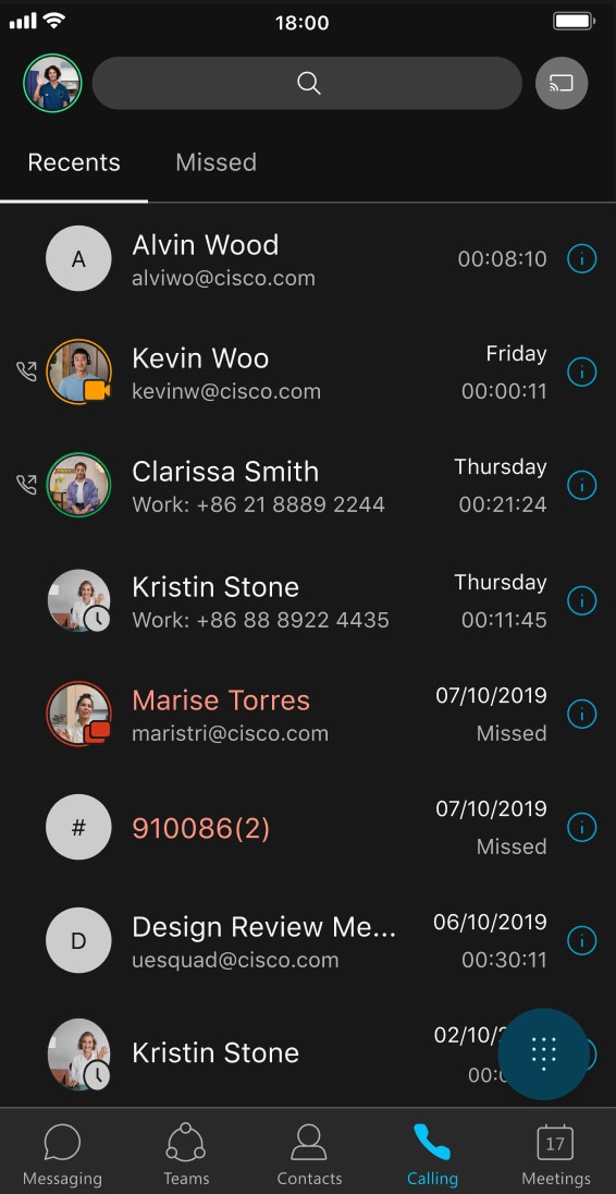 Example of Webex Calling recent calls list