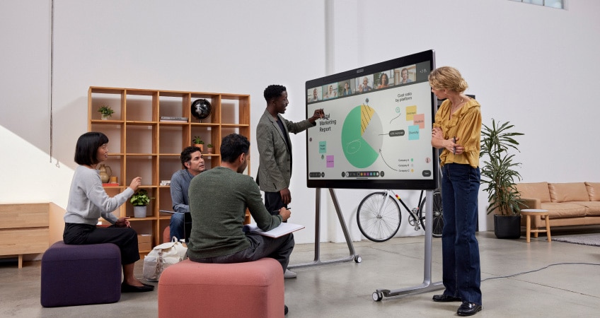 Using a Webex Board Pro, five individuals collaborate with other people who have video conferenced in.