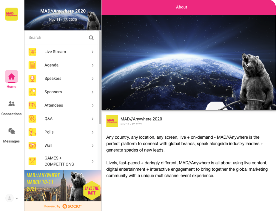 Webex Events interface for 2020 virtual MAD//Fest. Screen shows event title, description, art, and menu with live stream, etc.