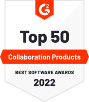 White badge with orange details, recognizing Webex's 2022 Top 50 Products for Collaboration Products honor from G2's Best Software Awards.