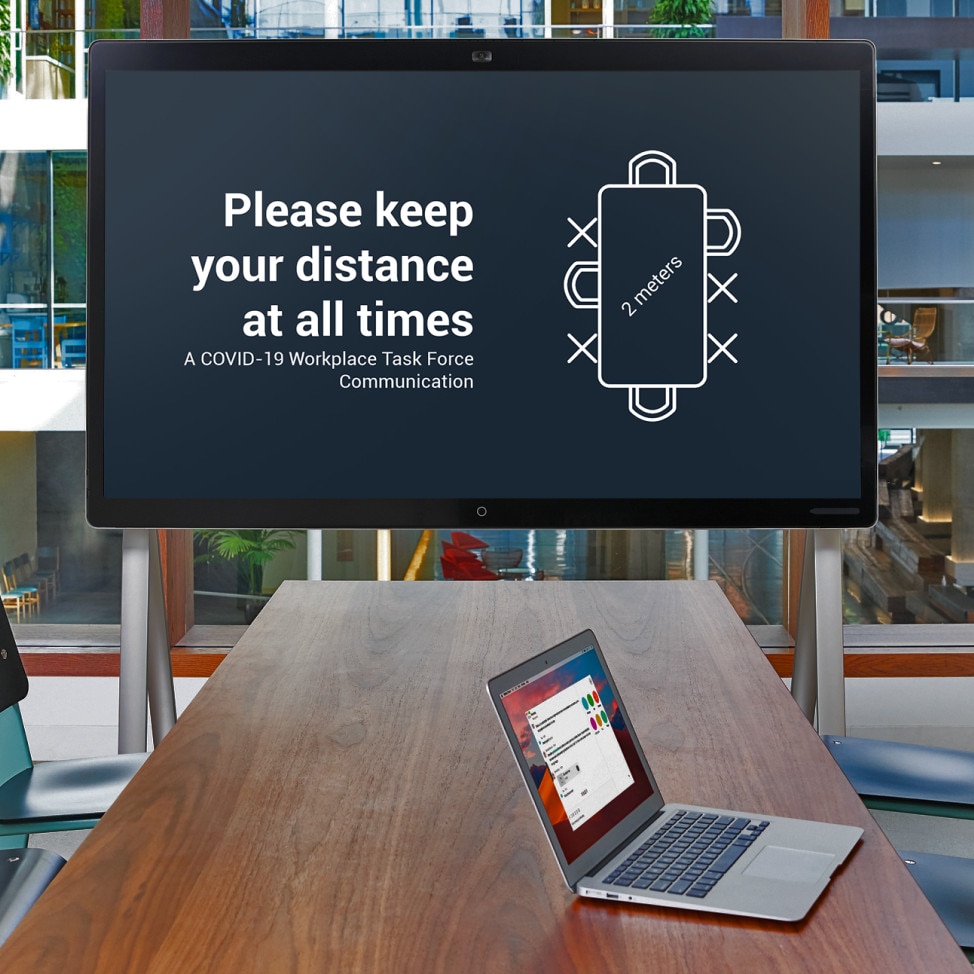 imagem de Dispositivos Webex com mensagens de segurança no local de trabalho