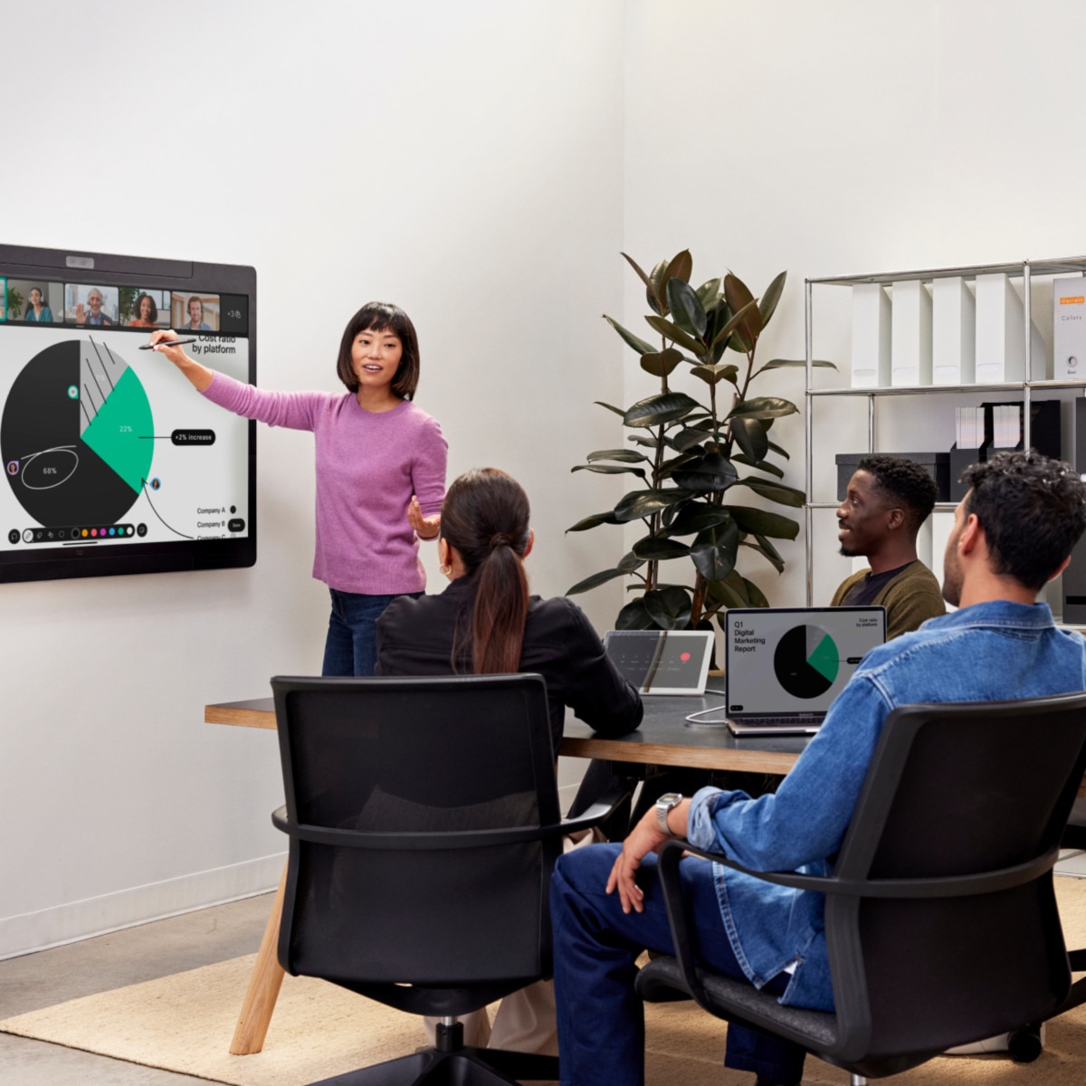 Five colleagues in a conference room collaborate with several other colleagues via a video meeting, using a Webex Board Pro.