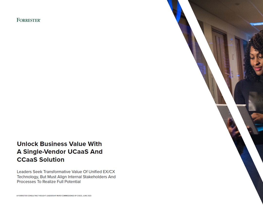 Front cover of Unlock Business Value With a Single-Vendor UCaaS and CCaaS Solution whitepaper by Forrester.