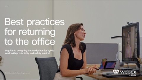 Cover of eBook. Includes title "Best practices for returning to the office" and photo of a professional video conferencing.