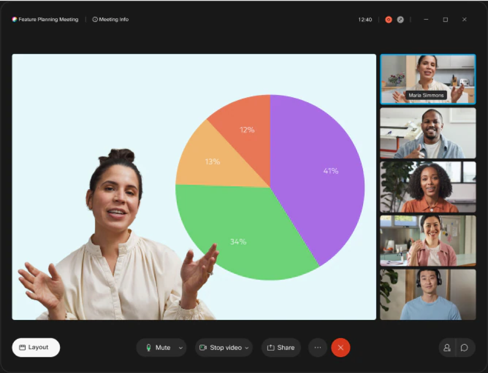 A tablet screen shows a person presenting a chart in a meeting with five other people.