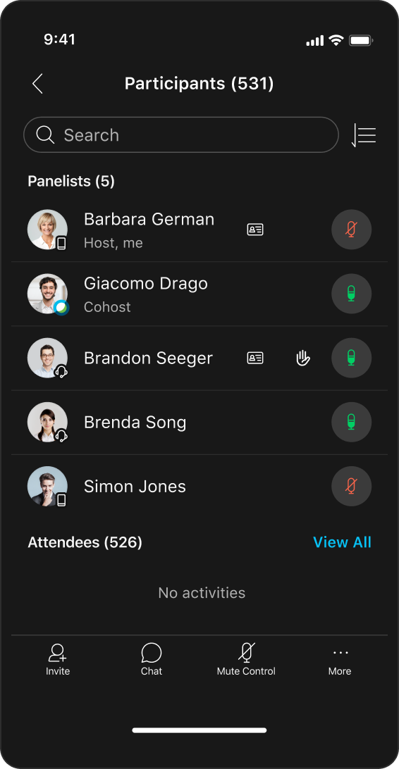 Webex UI showing virtual events