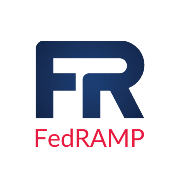 The FedRAMP logo, comprised of the letters F and R in a bold, blue, stylized font, with the word FedRAMP written in red below them.