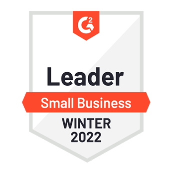 Weißes Abzeichen mit Hervorhebungen in Orange für die Winter 2022 Leader-Auszeichnung von G2 für Webex in der Kategorie Small Business.