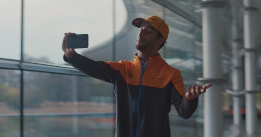 McLaren Formula 1 Team driver Daniel Ricciardo video conferences with fans from his mobile phone using Webex.