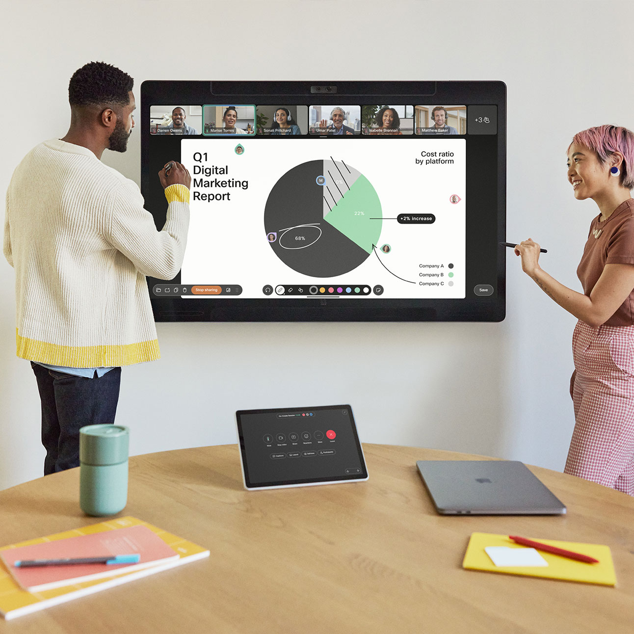 Two coworkers collaborate on a Cisco Board Pro in a small meeting room.