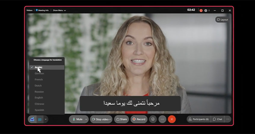 Webex online meeting translates speaker's words into Arabic..