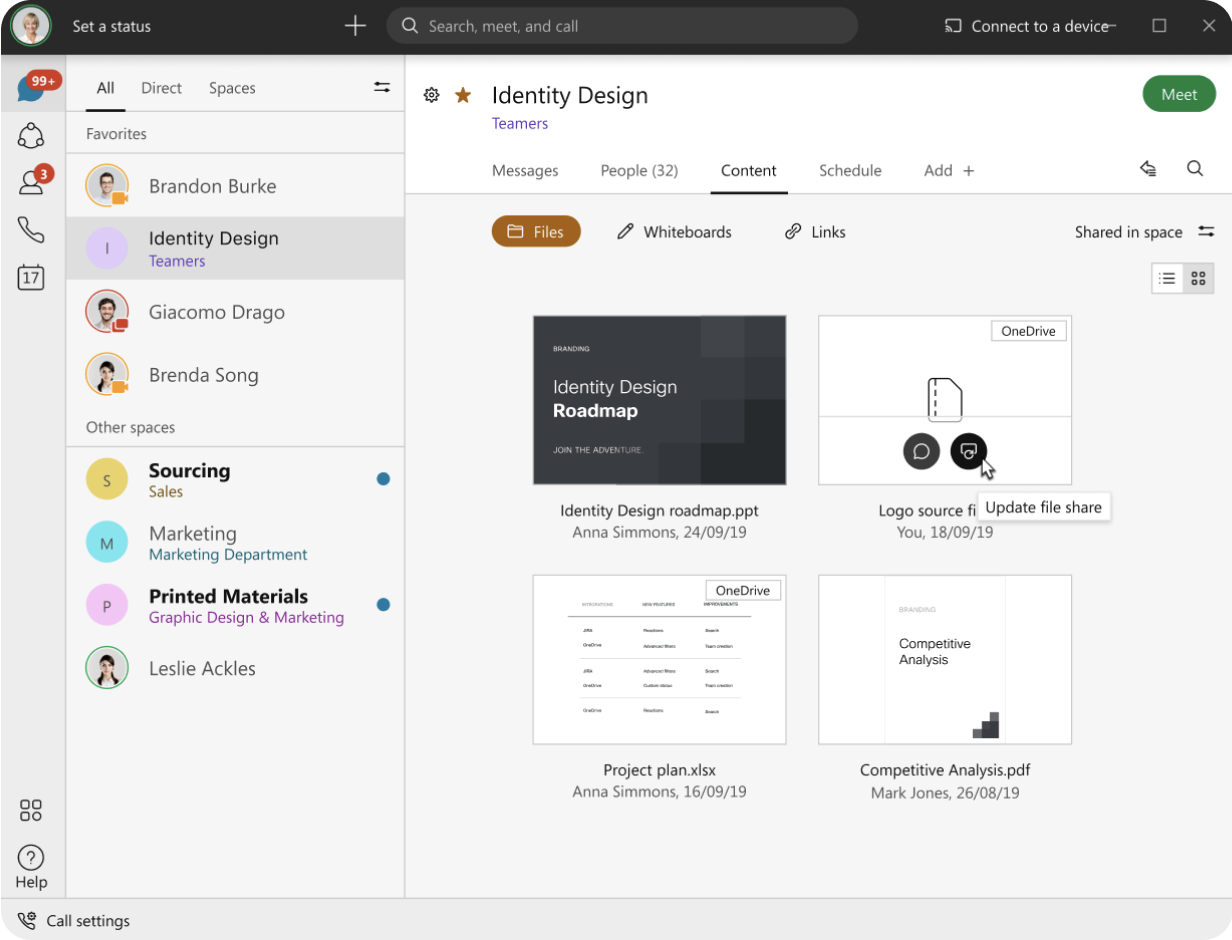 Example of file and content sharing in Webex Messaging