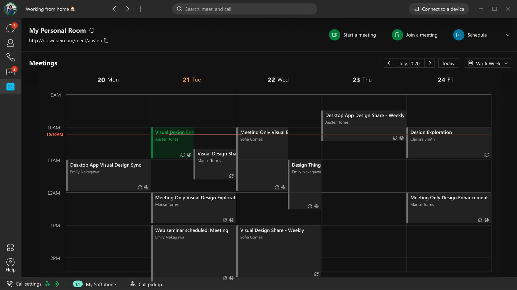 Ejemplo de calendario de reuniones de Webex Messaging