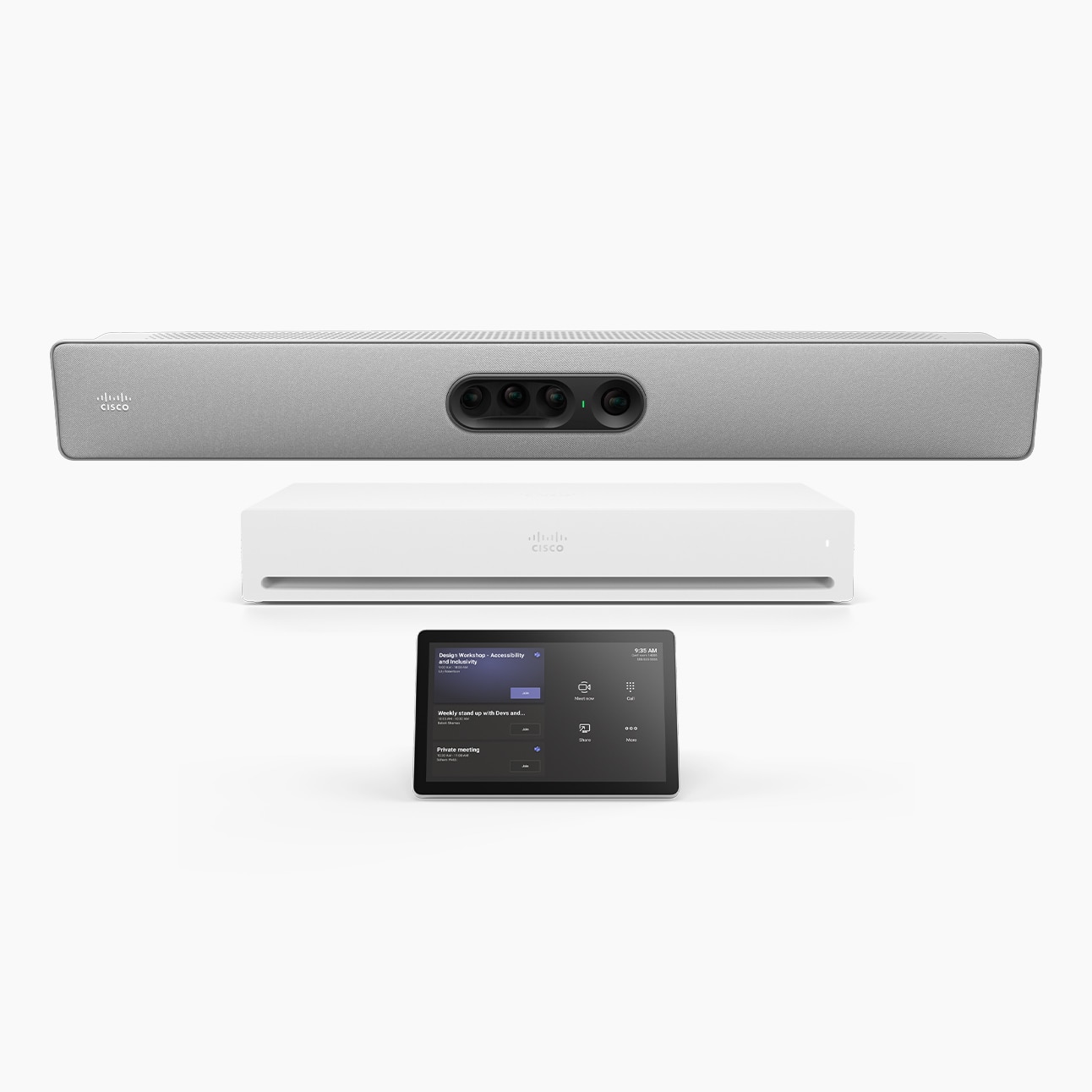 Cisco Room Kit Pro with the Quad Camera video bar, Codec Pro, and Cisco Room Navigator displaying an upcoming Microsoft Teams meetings.