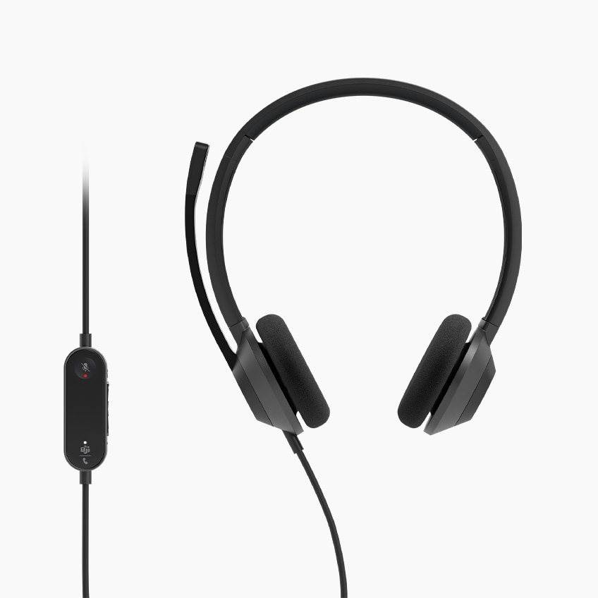 両耳にあてるタイプのヘッドフォンで、マイクブームアーム、接続ケーブルが付属している Cisco Headset 320 シリーズ。