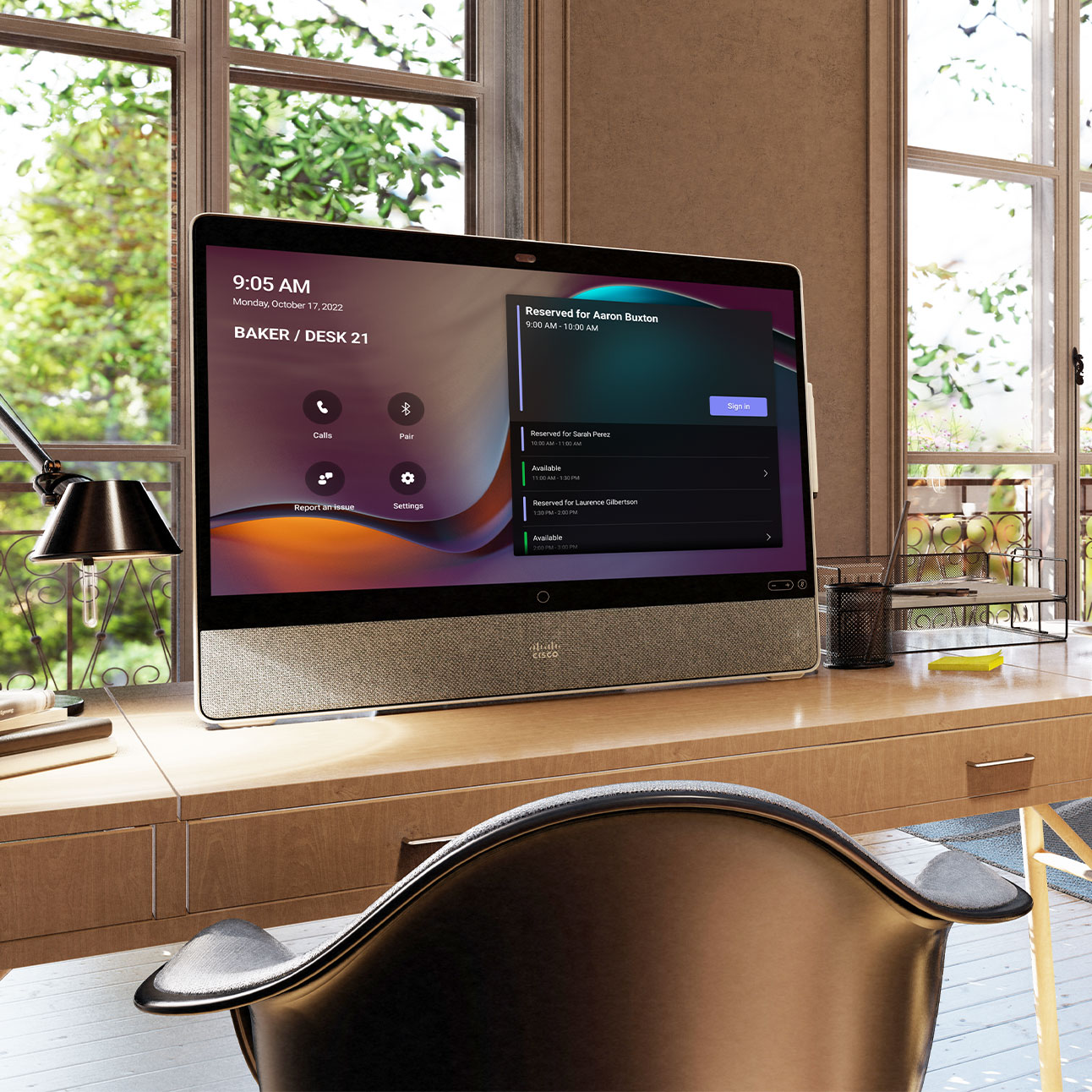 A personal office setting with an all-in-one video conferencing device for Microsoft Teams.