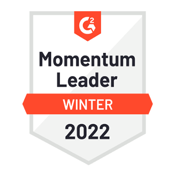 Badge blanc et orange, attestant du titre de Leader de la dynamique pour l’hiver 2022, décerné à Webex par G2.