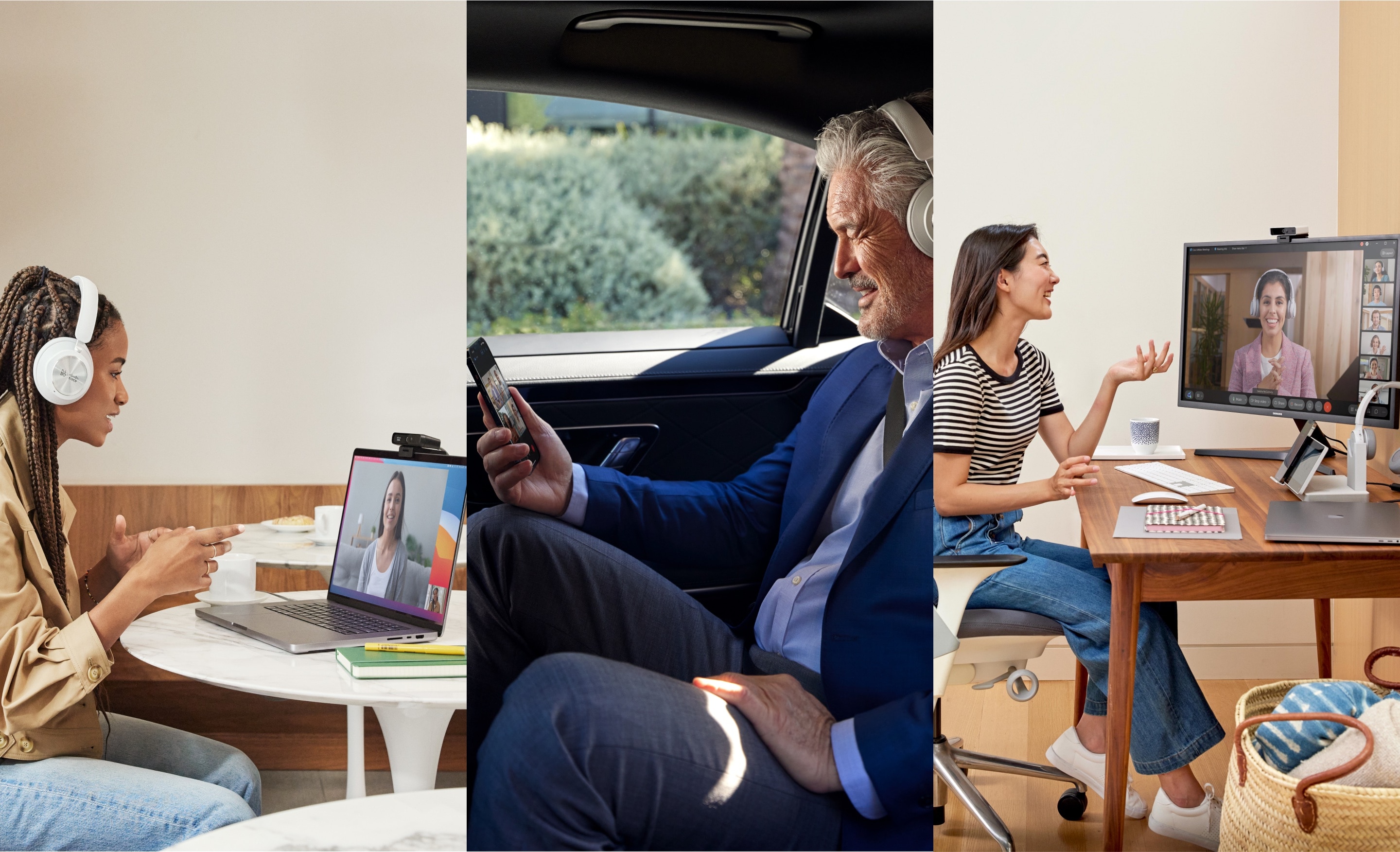 Person in a headset collaborates with a group of colleagues via a video conference on a laptop in the kitchen.