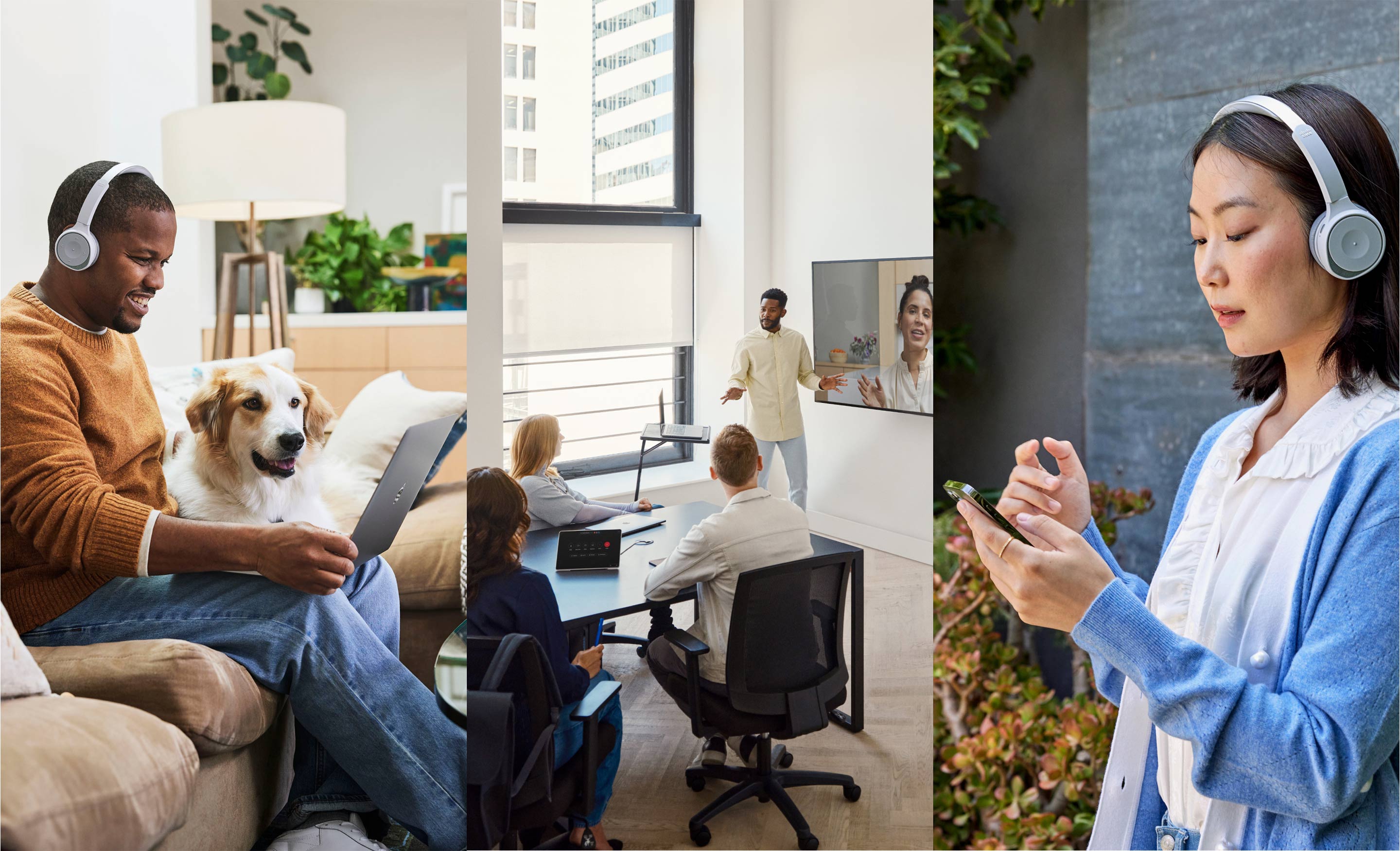 Person in a headset collaborates with a group of colleagues via a video conference on a laptop in the kitchen.