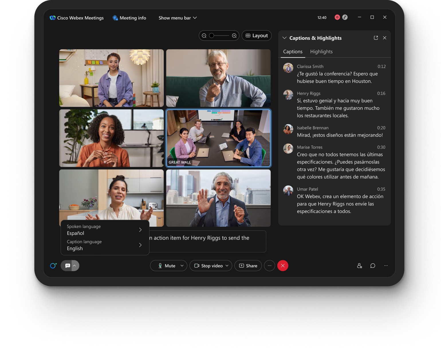 Example of the Webex real-time translation