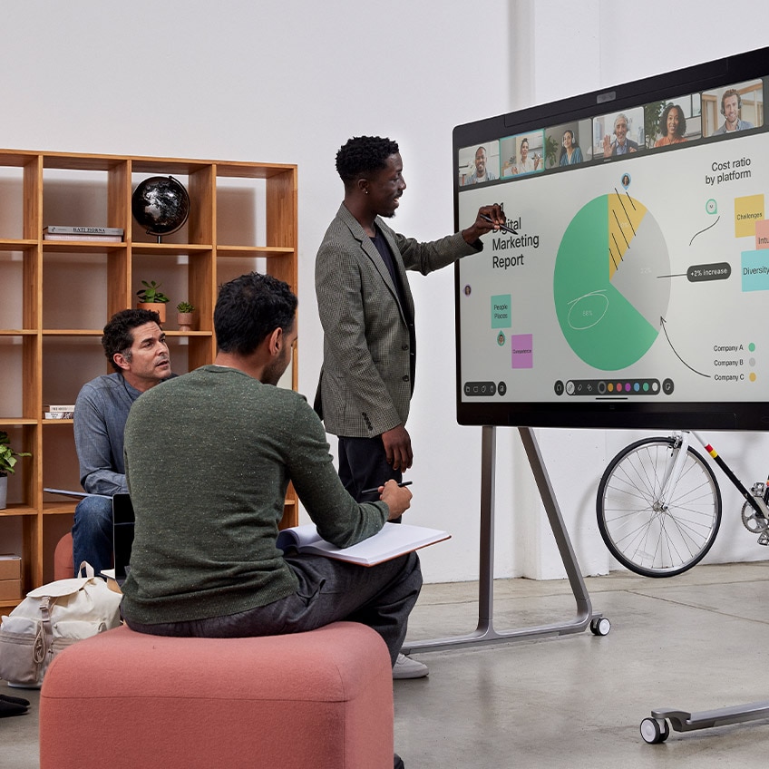 Three people collaborating in an open huddle space using the wheel-stand Cisco Board Pro. One person is standing next to the Board Pro and is using a board pen to annotate and write on the touch screen which shows a pie chart, annotations, sticky notes, and the live video of remote video meeting participants.
