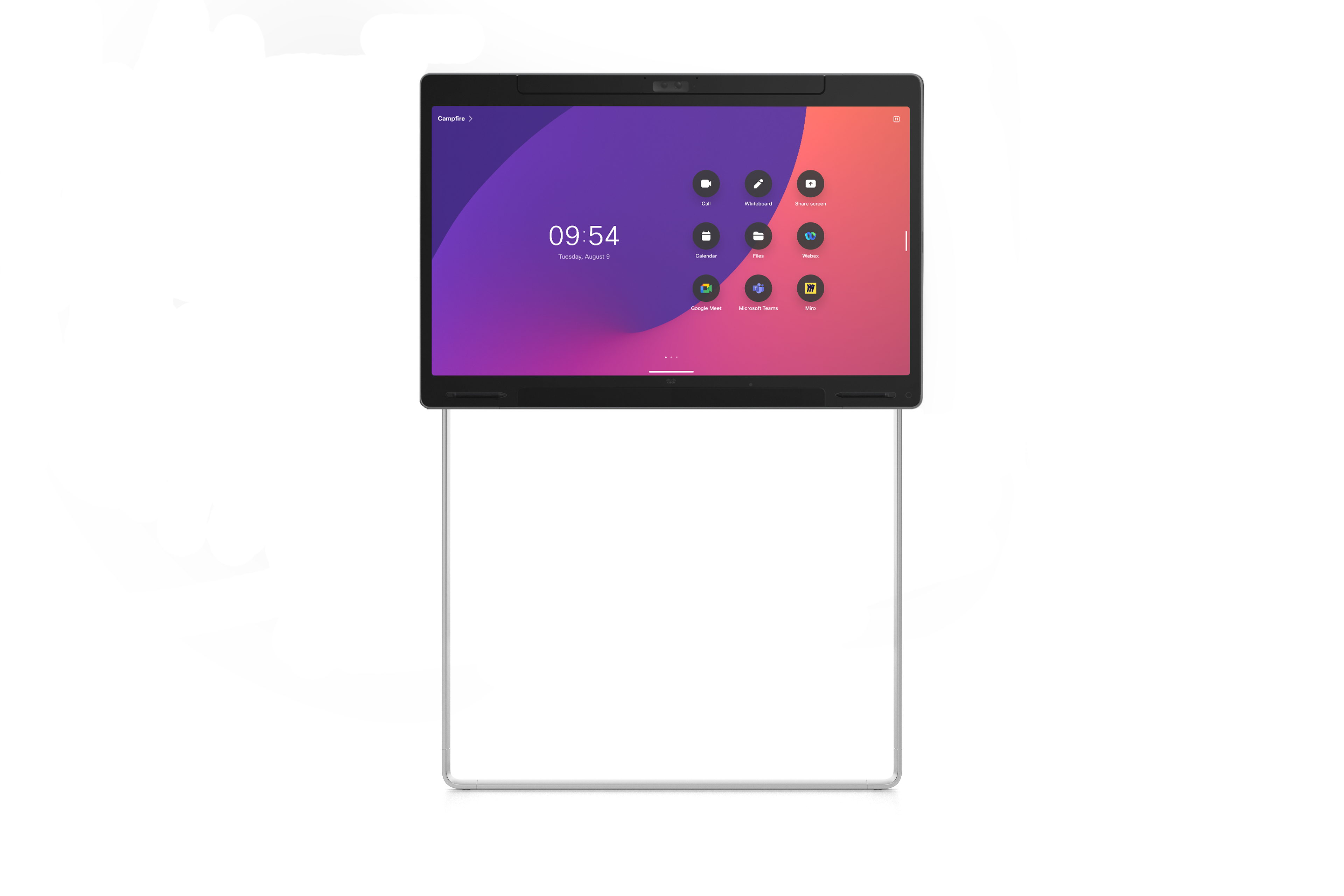 Front-facing view of the wall-stand Cisco Board Pro 55 showing the RoomOS home user interface.