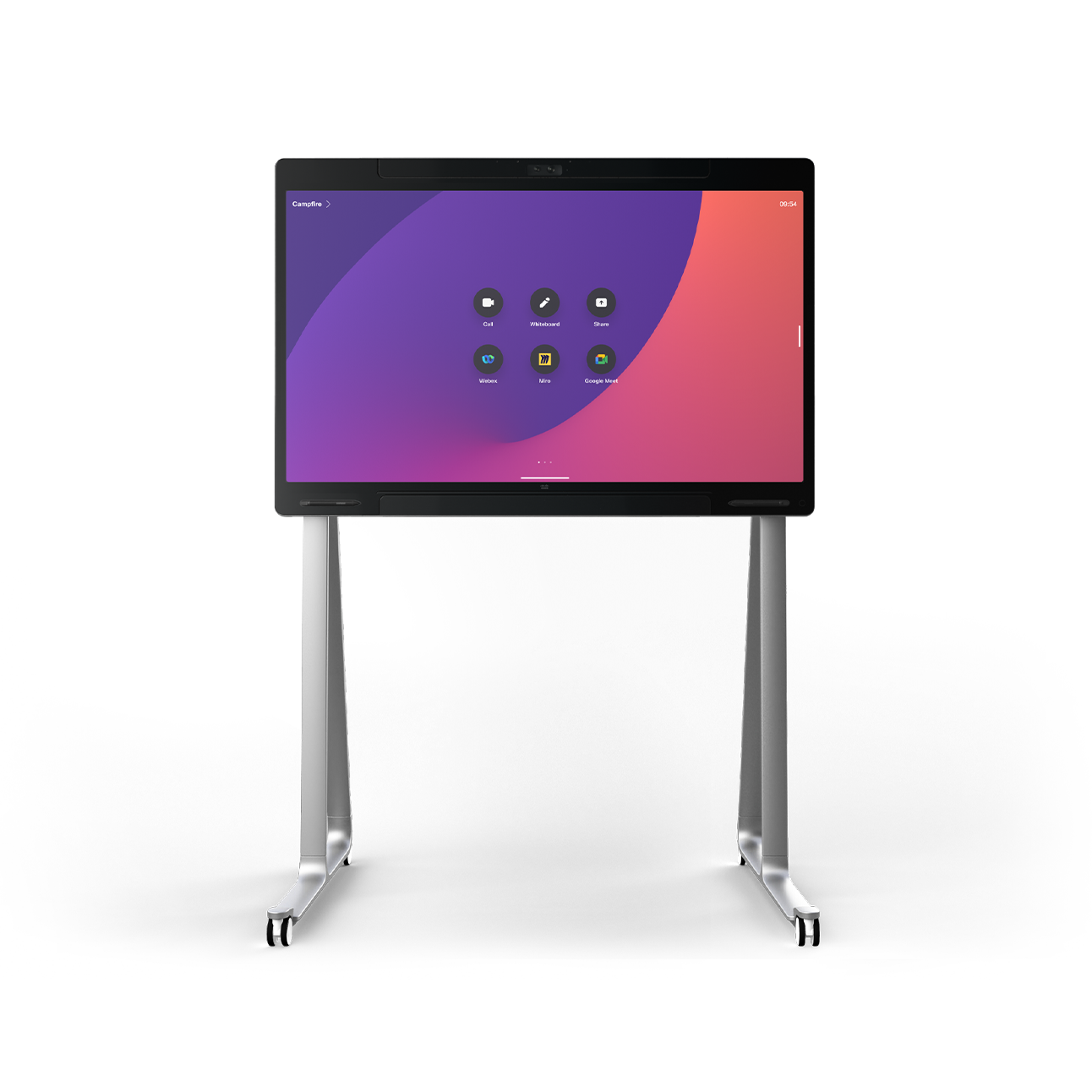 Front-facing view of the wheel-stand Cisco Board Pro 55 showing the RoomOS home user interface.