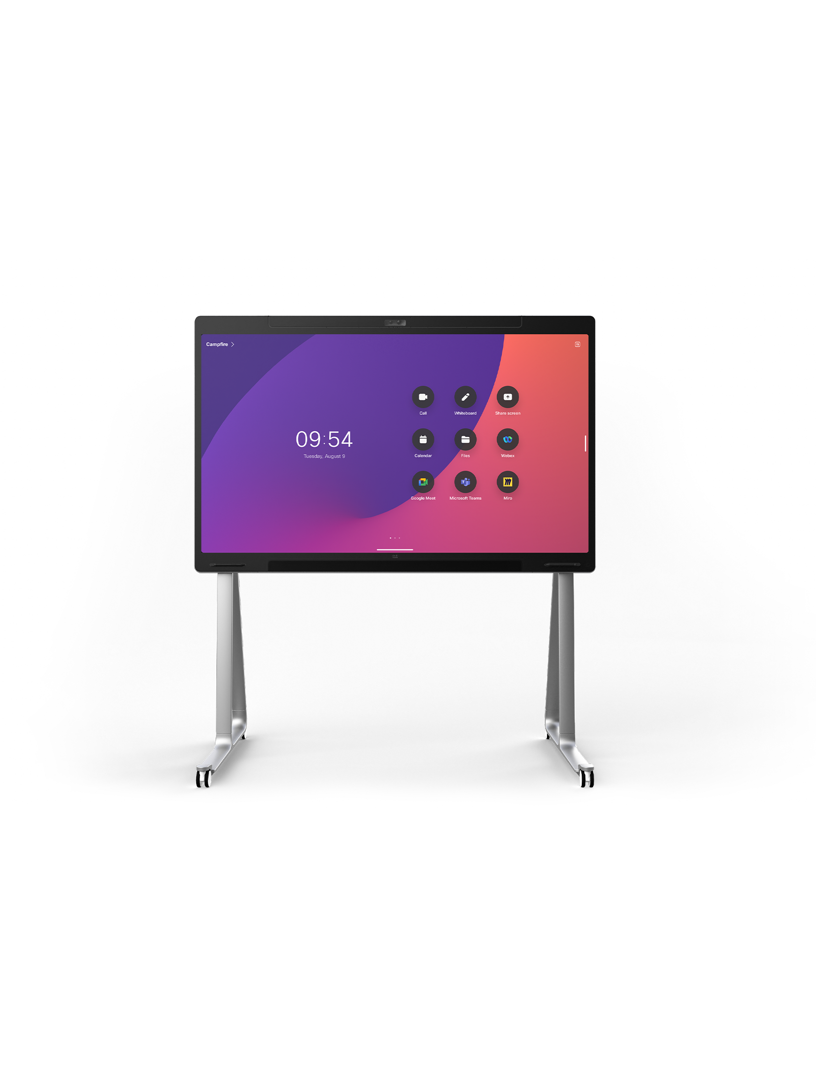 Front-facing view of the wheel-stand Cisco Board Pro 75 showing the RoomOS home user interface.