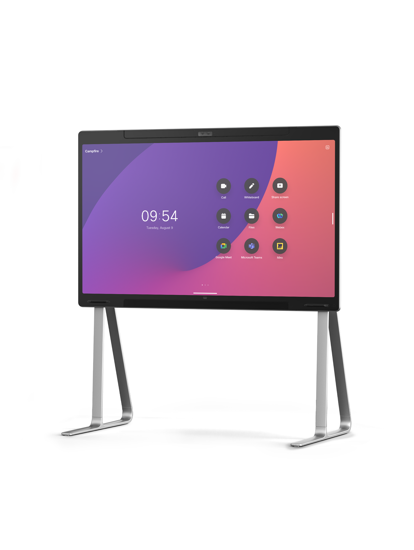 Three-quarters angle view of the floor-stand Cisco Board Pro 75 showing the RoomOS home user interface.