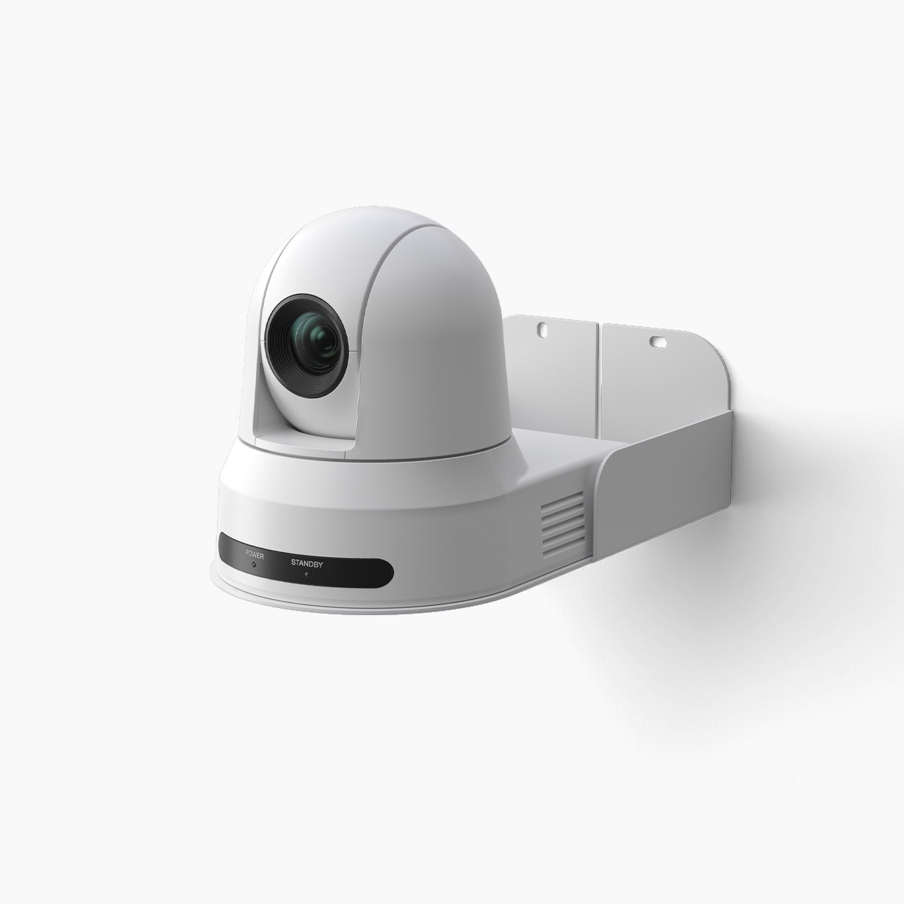 Product detail close up view of the pan-tilt-zoom Cisco PTZ 4K Camera with wall-mount bracket.