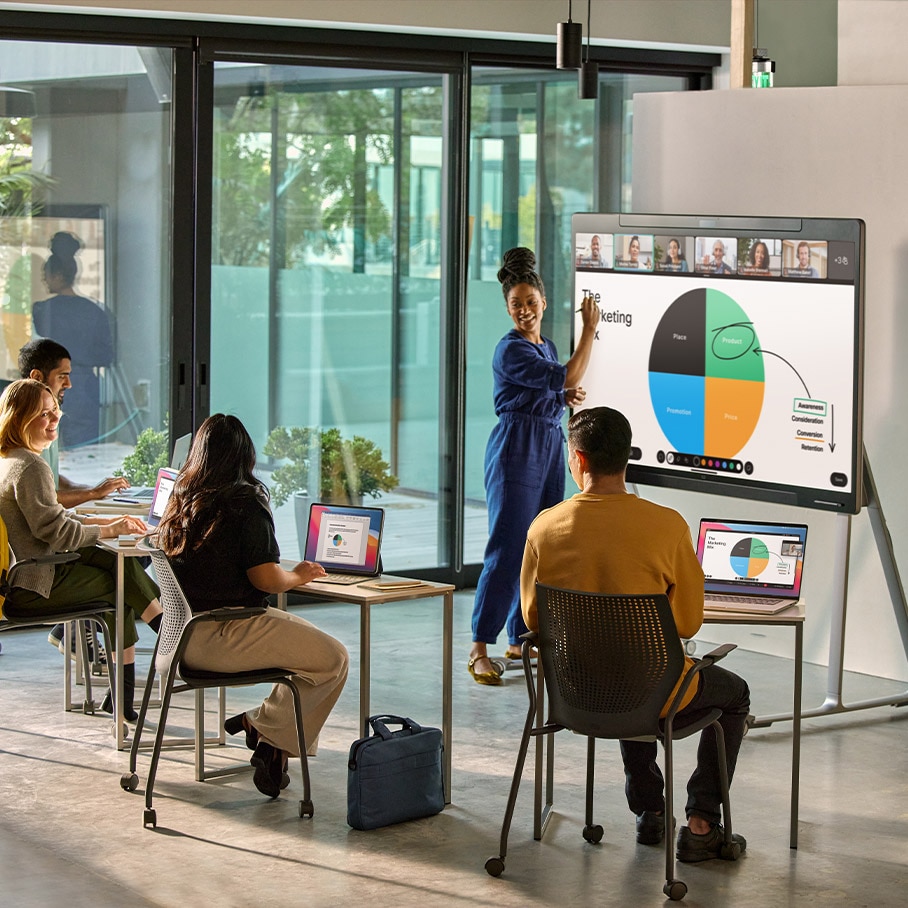 A lecturer using the Cisco Board Pro on wheel stand at higher education institution. The person standing next to the Board Pro is using the device for content sharing and live annotation on the shared content while holding a board pen in her hand. The digital whiteboard display shows a diagram, notes, annotations, and the live video of remote class participants. 4 people are sitting at their desks and using their laptops to take notes and join the hybrid lecture session.