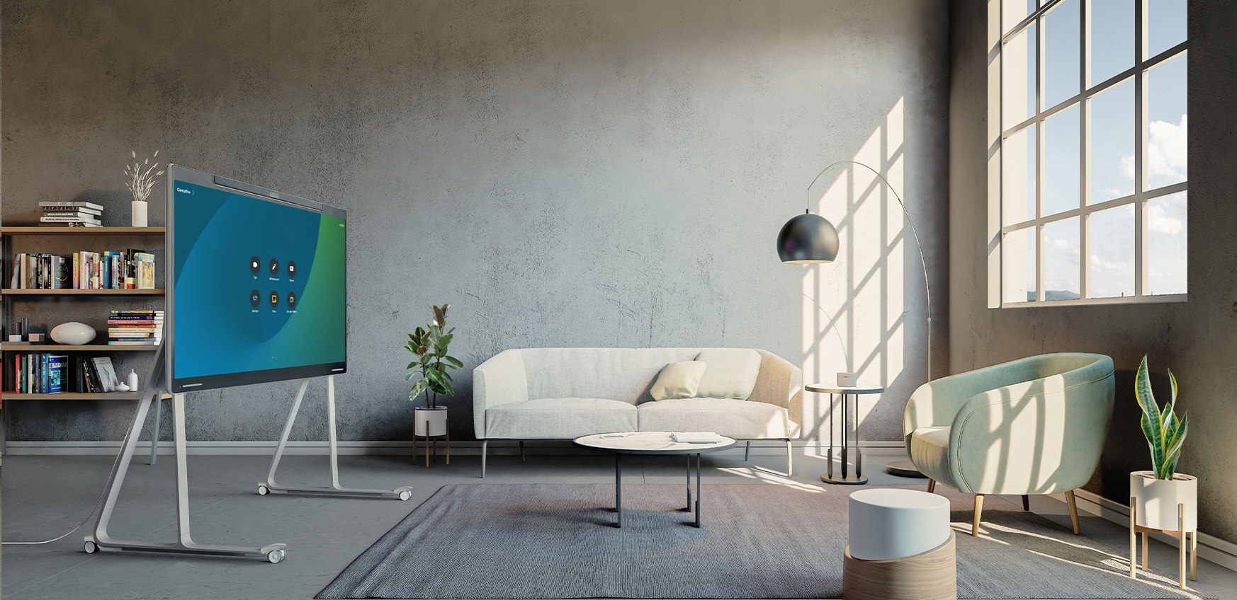 Rendering of an empty open studio with the wheel-stand Cisco Board Pro.