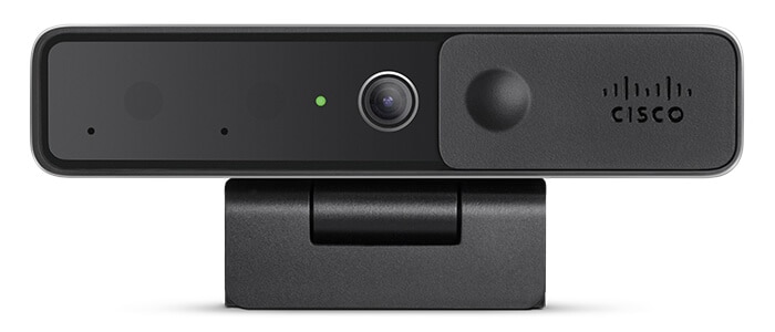 Cisco Desk Camera 4K in Carbon, Platinum, shown from front, with green light indicating it’s on. Privacy shutter is open.
