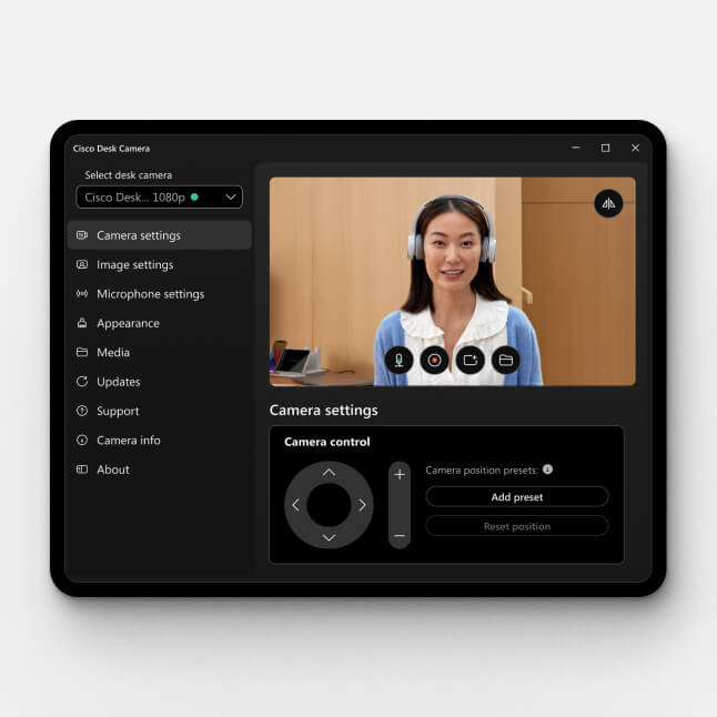 A window showing the camera settings on the Cisco Desk Camera App. Screen displays video preview, camera controls, etc.