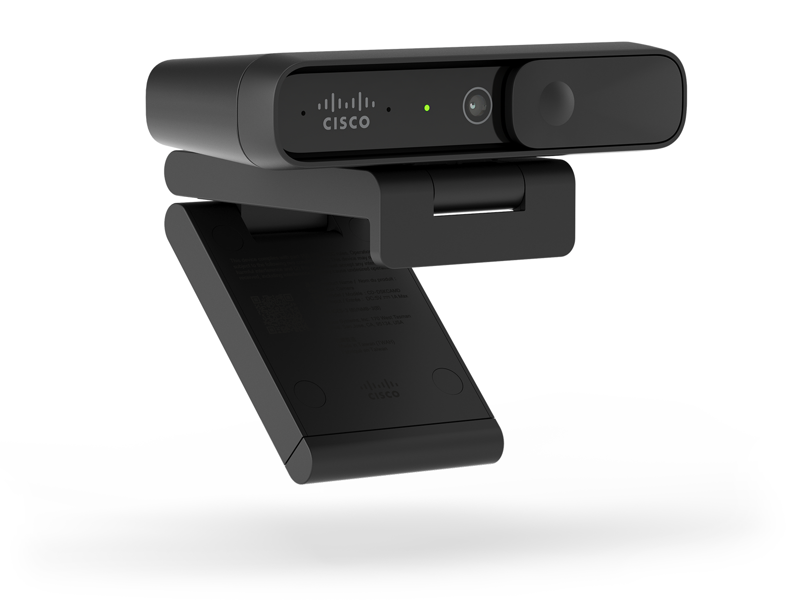 Cisco Desk Camera 1080p, shown from front, with green light indicating it’s on. Privacy shutter is open.