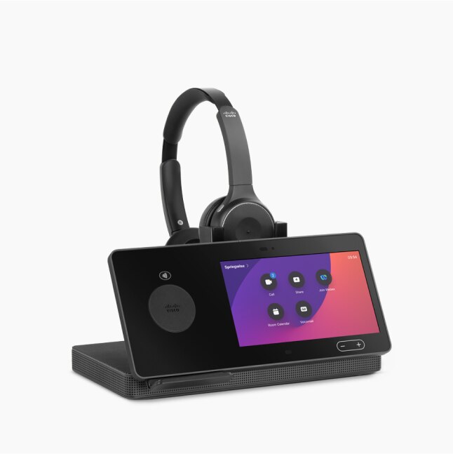 Webex Desk Hub, shown from front with headset. Screen displays time of 9:54 and 5 apps including Call and Join Webex.