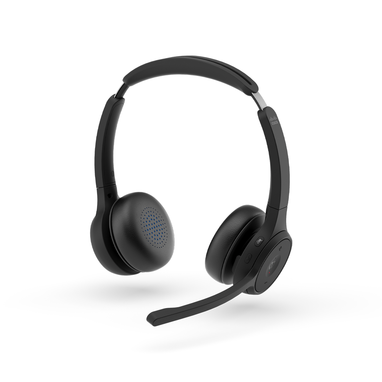 The Cisco Headset 720 Series in the First Light color (white). Screen shows time of 9:54 and apps like Meetings and Call.