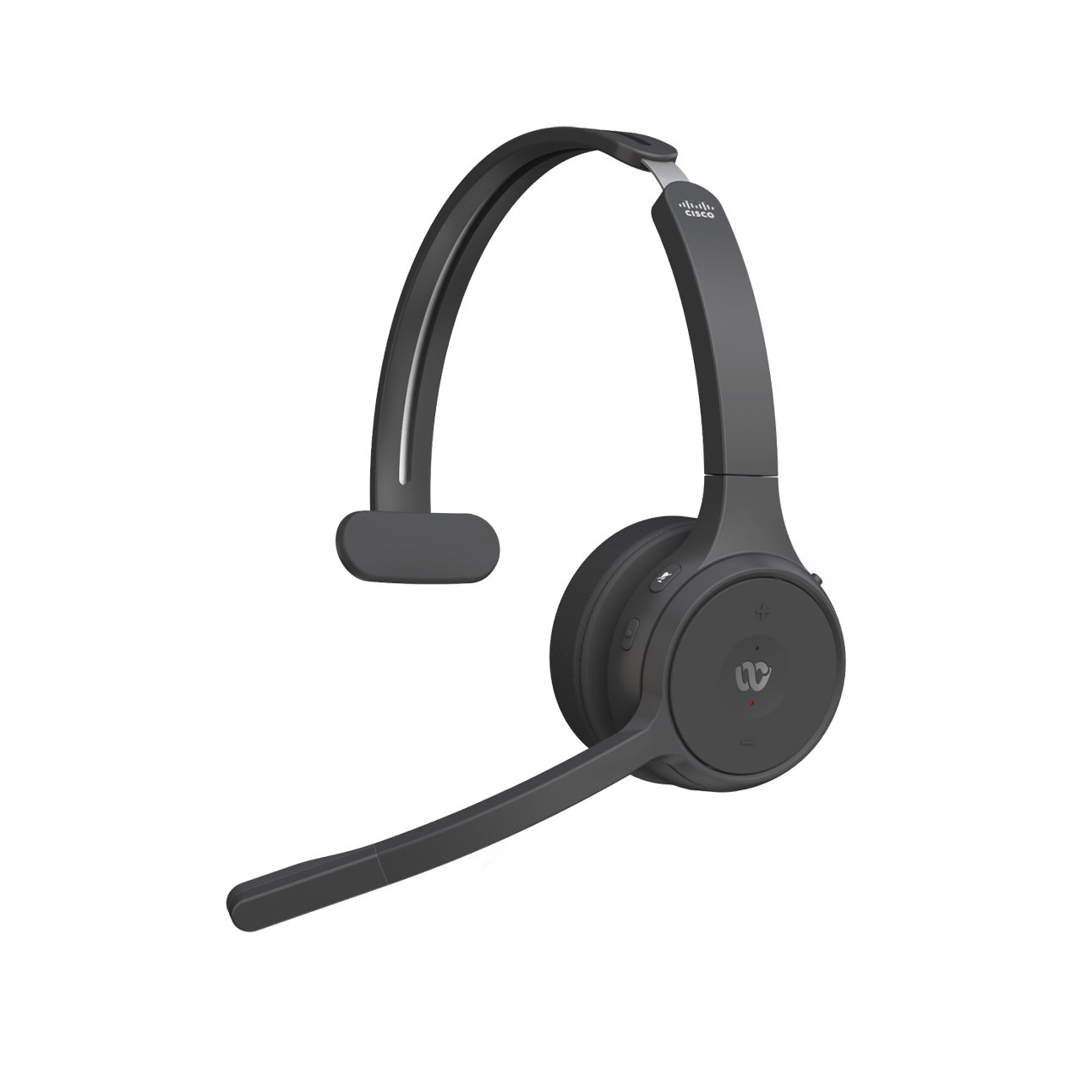 The Cisco Headset 720 Series in the Carbon color (black).  Screen shows time of 9:54 and apps like Meetings and Call.