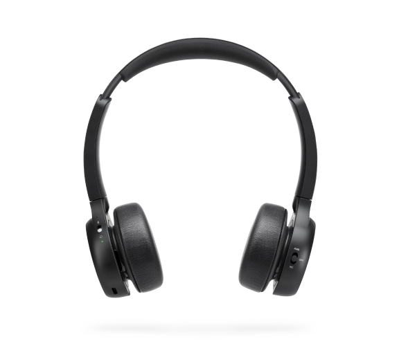The Cisco Headset 720 Series in the Carbon color (black).  Screen shows time of 9:54 and apps like Meetings and Call.