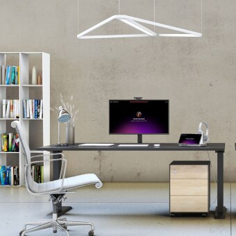 A home workspace featuring the Webex Desk on a desk and the Webex Room Bar mounted on the wall for great video meetings.