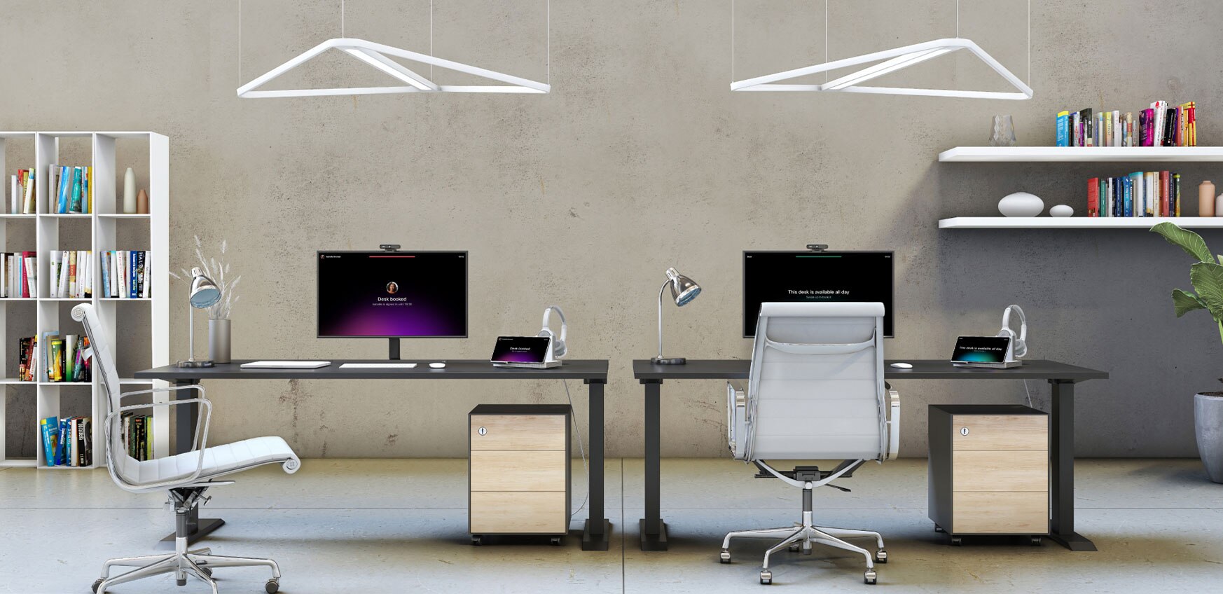A home workspace featuring the Webex Desk on a desk and the Webex Room Bar mounted on the wall for great video meetings.