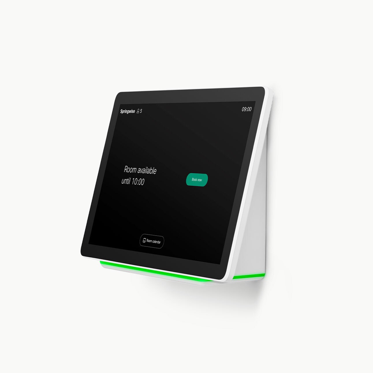 The Cisco Room Navigator for Wall with green light around the bottom to show room availability. Display says Room available until 10:00 with a Book Now button.